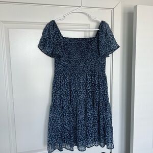 Navy Floral Smocked Square-Neck Mini Dress Size L